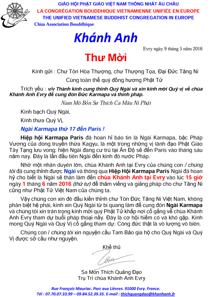 Thong bao buoi thuyet giang cua Ngai Karmapa ngay thu tu 01.06