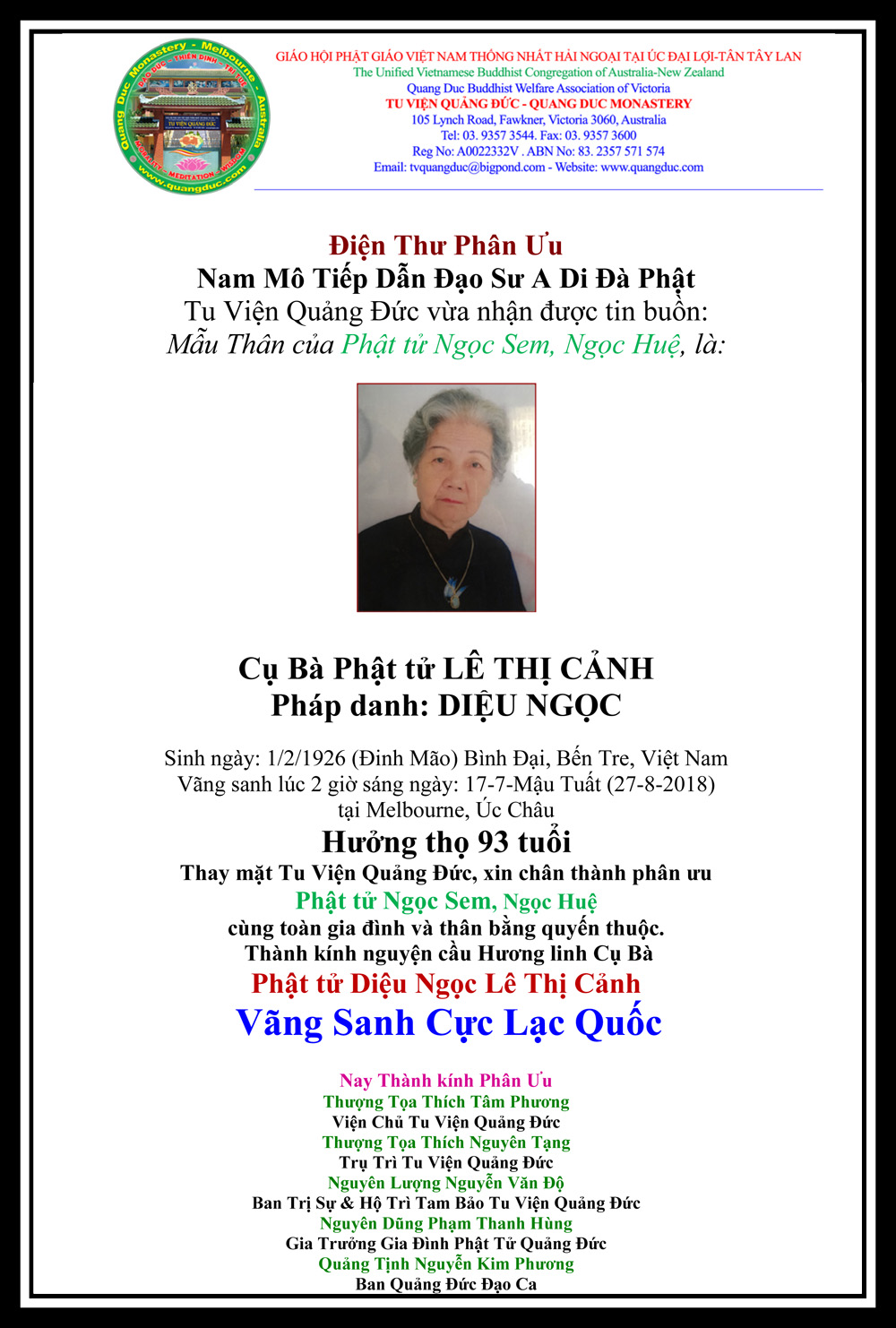 Dien Thu Phan Uu_gia dinh_ Cu ba Le Thi Canh-1926-2018