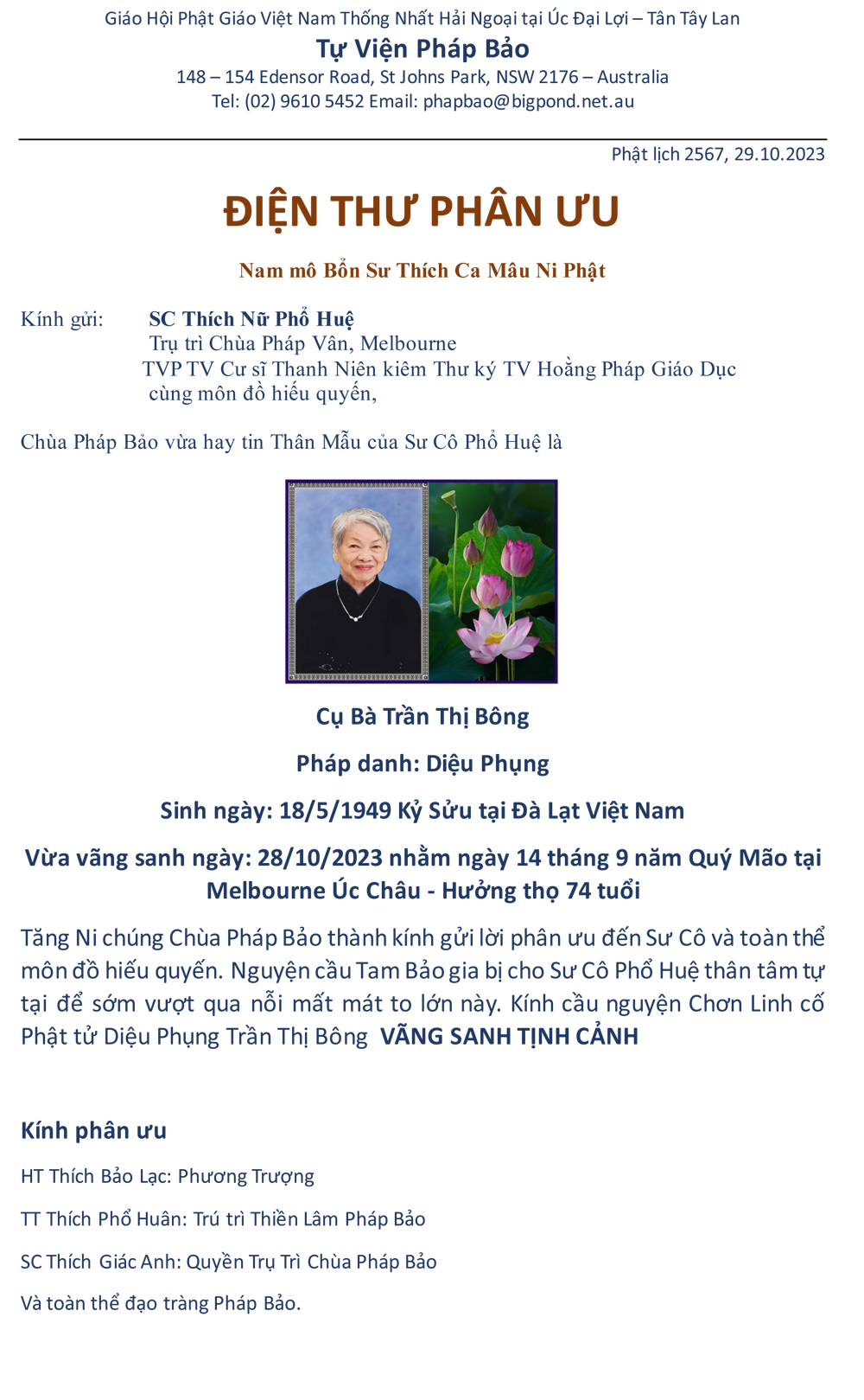 Dien Thu Phan Uu - SC Pho Hue-chua phap bao