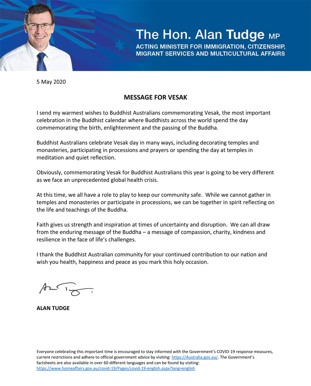 Minister Tudge - Message for Vesak 2020