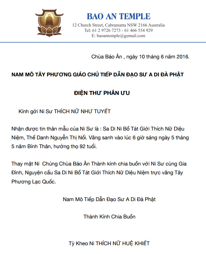Dien Thu Phan Uu cua Chua Bao An