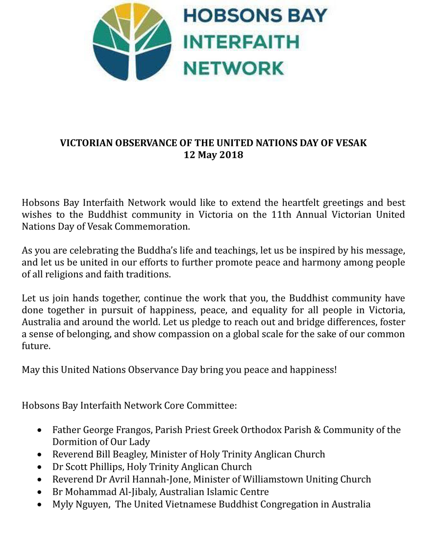 Hobsons Bay Interfaith 2018 VESAK message