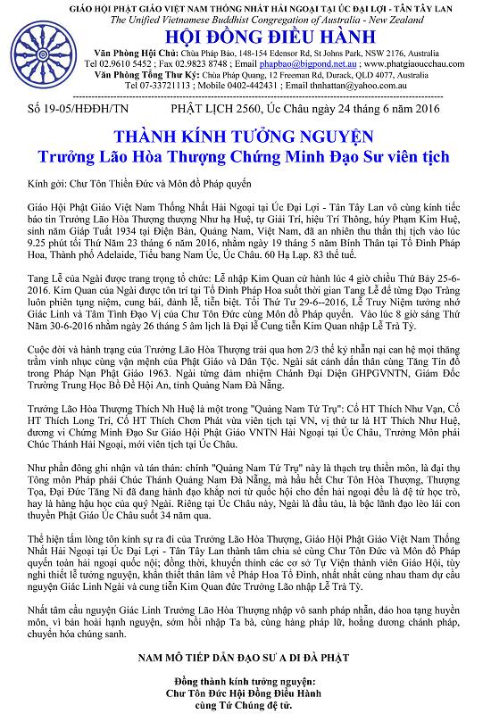 So 19-05 Thanh Kinh Tuong Nguyen Truong lao HT Chung Minh  Dao Su vien tich - Giao Hoi Uc
