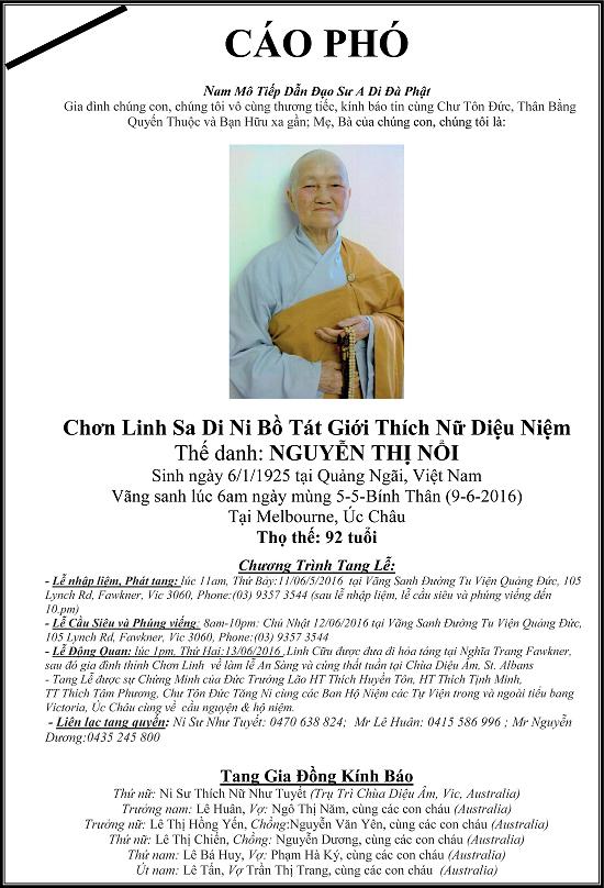 Cao Pho Tang Le  Sa Di Ni Thich Nu Dieu Niem 1925-2016