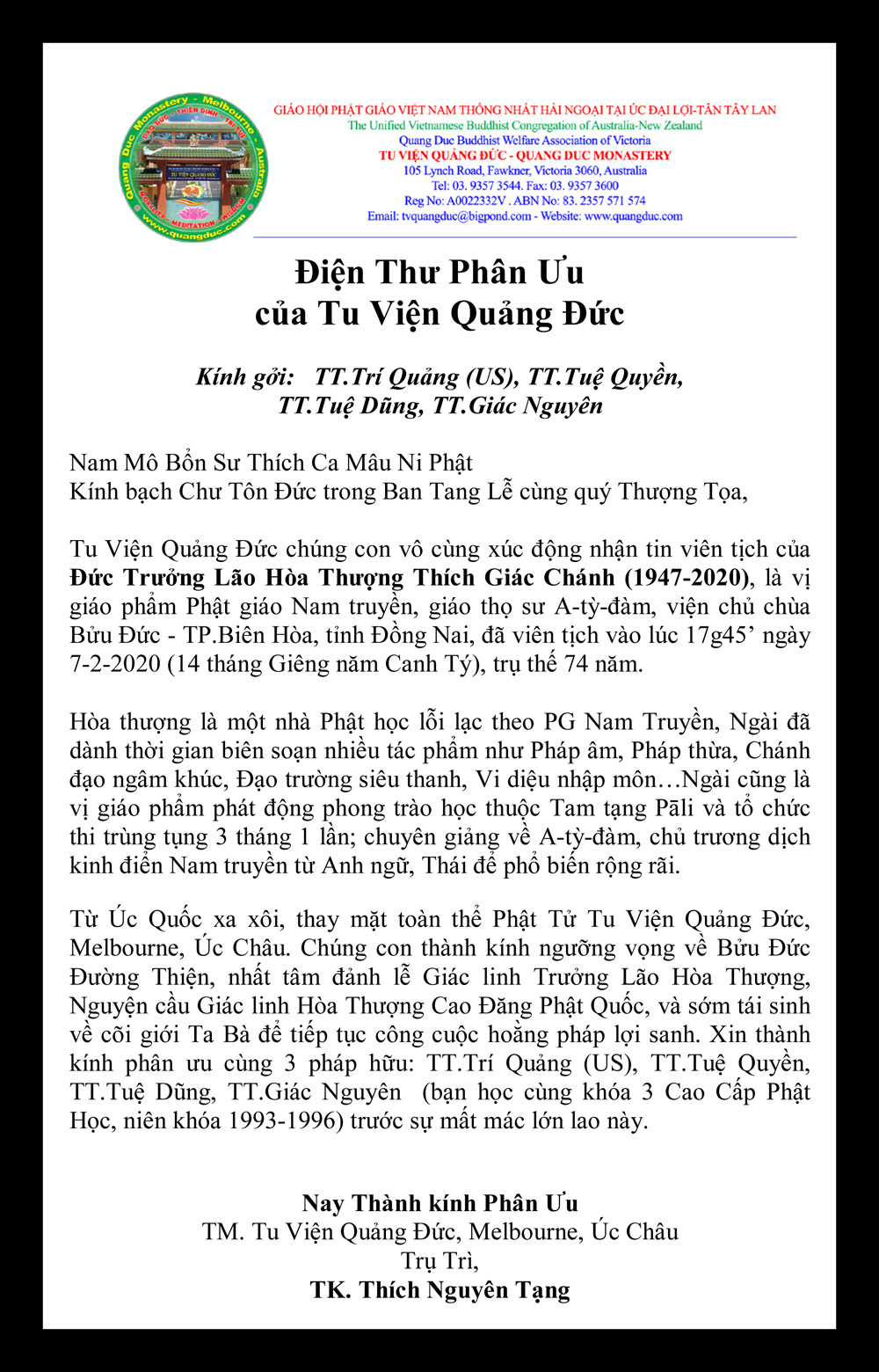 Dien Thu Phan Uu_TT Tri Quang