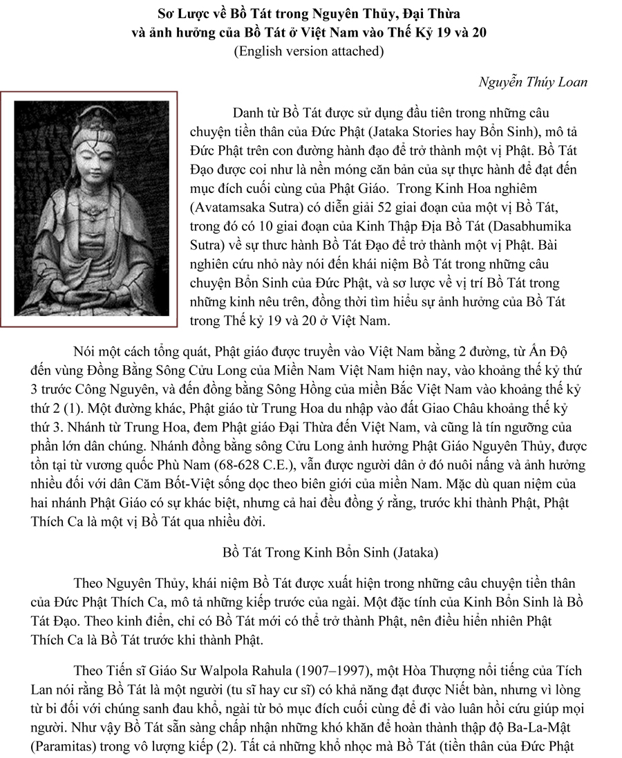 Sơ Lược về Bồ Tát trong Nguyên Thủy, Đại Thừa và ảnh hưởng của Bồ Tát ở Việt Nam vào Thế Kỷ 19 và 20 (English version at