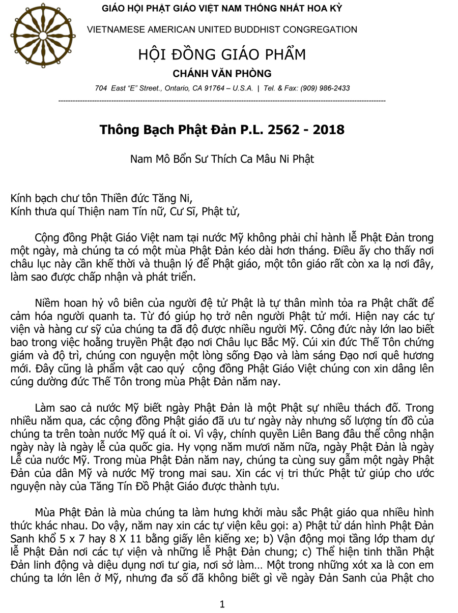 Thong Bach Phat Đan PL 2562 - 2018 (Hoi Dong Giao Pham)-1