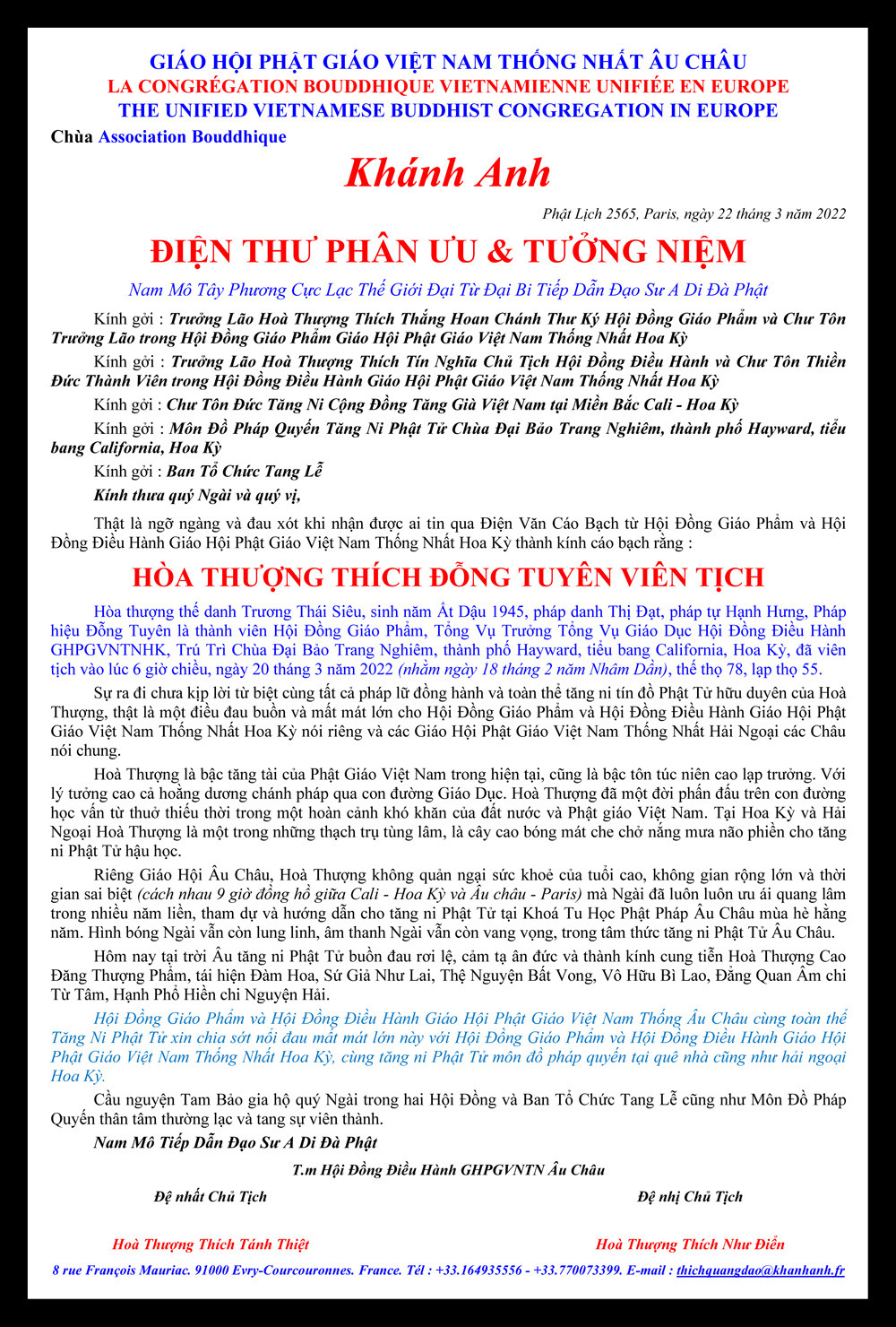 Dien thu Phan Uu Hoa Thuong Thich Dong Tuyen_gh au chau